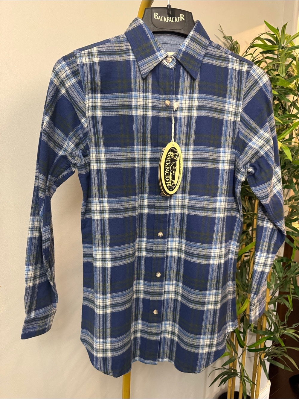 Backpacker flannel cotton Navy Plaid Button-Down Shirt work wear NWT S - Picture 3 of 10